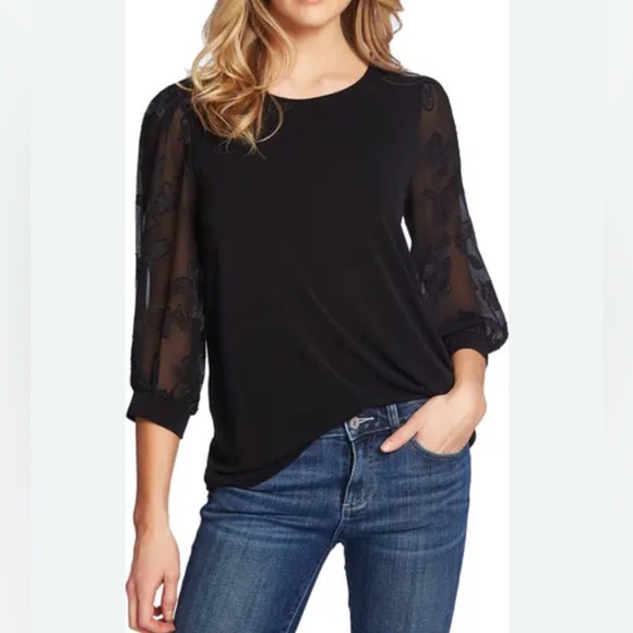 CeCe Black Lace Sleeve Stretch Crepe Long Sleeve Sweater Size Small NWT - Picture 1 of 9
